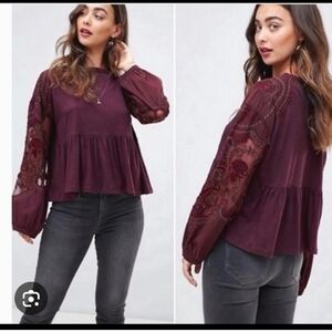 Free People Women’s Burgundy Peasant Blouse  Penny Tee Size M